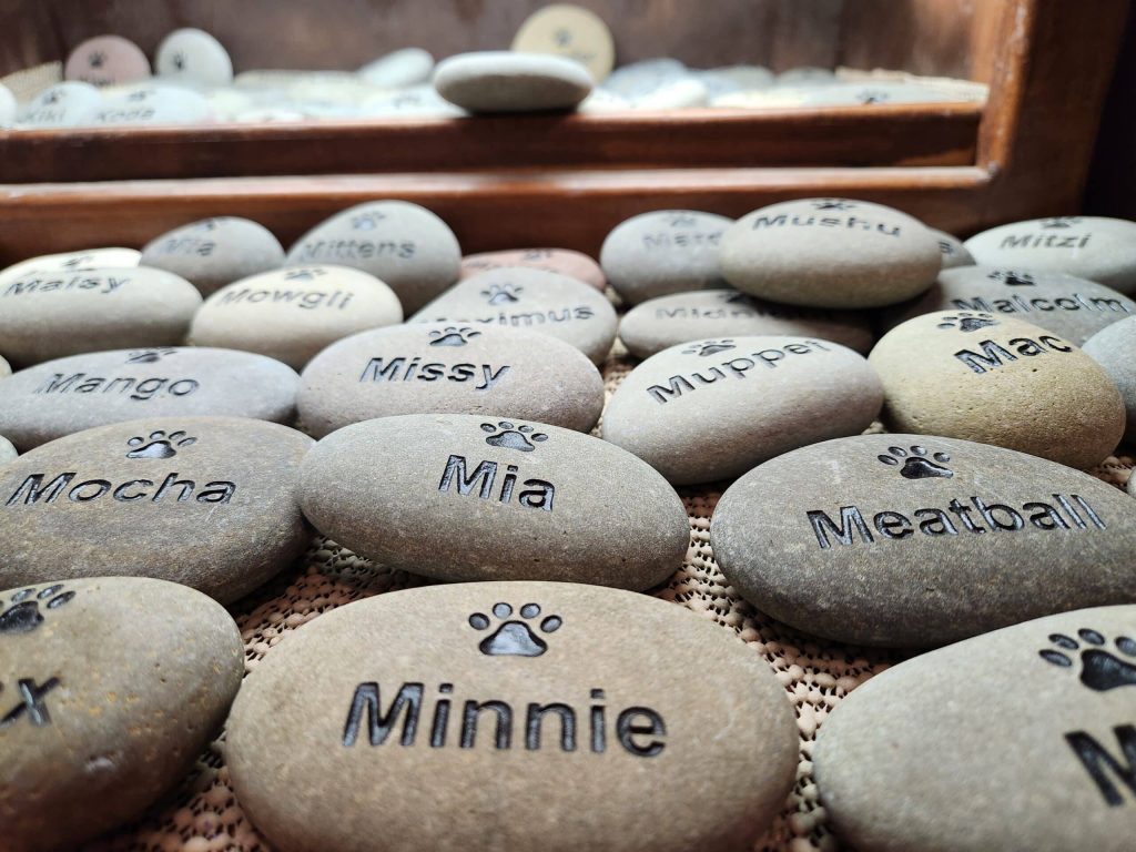 pocket engraved pet memorials. pet stones with many names that start with the letter M with a paw print