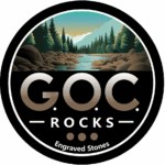 a logo with a river and trees