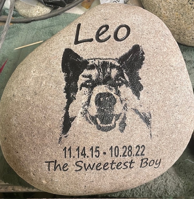 Custom Pet Memorials with engraving of pets name Leo the sweetest boy and date